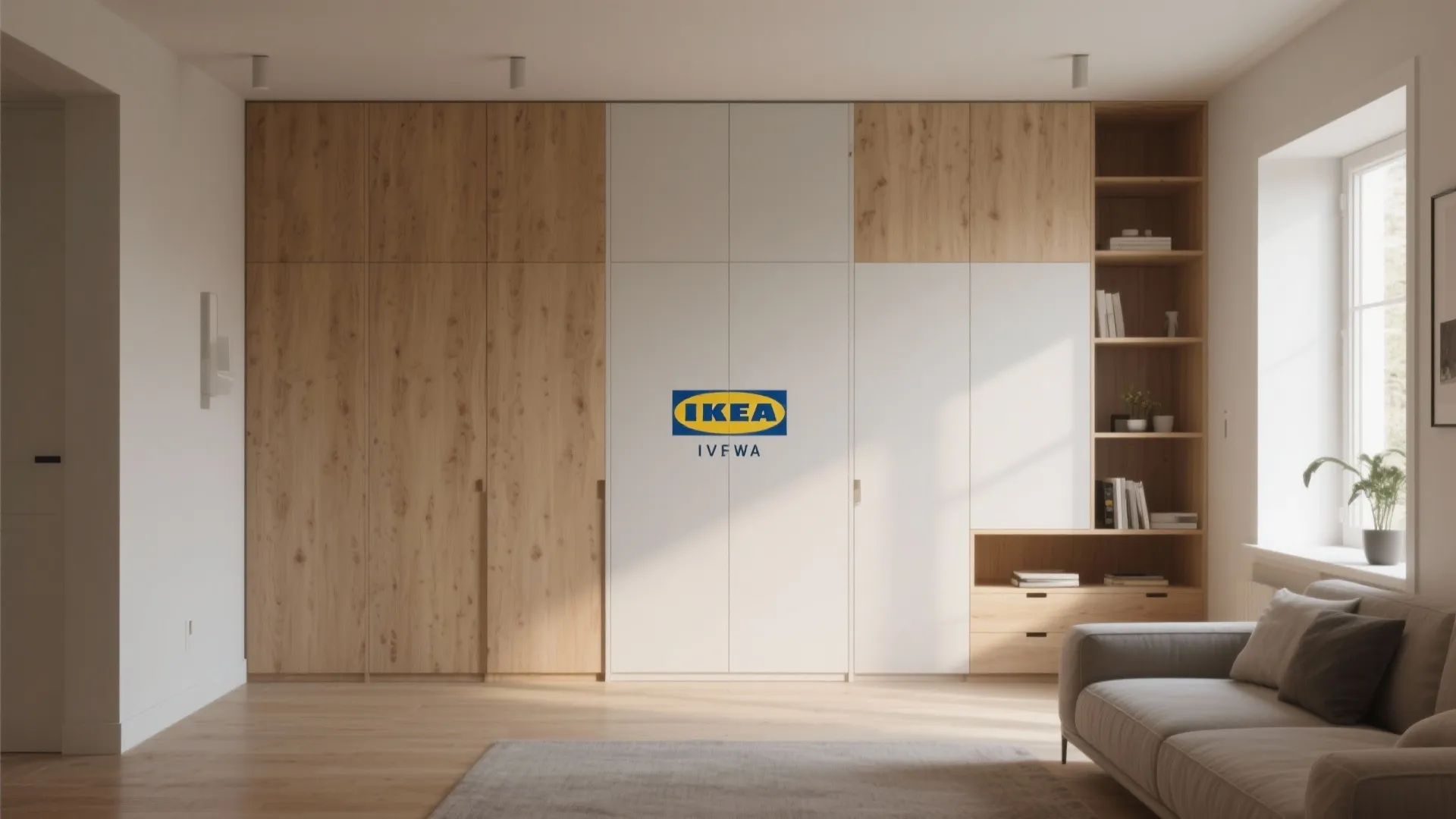 Floor-to-ceiling IKEA IVAR storage divider matching wall color