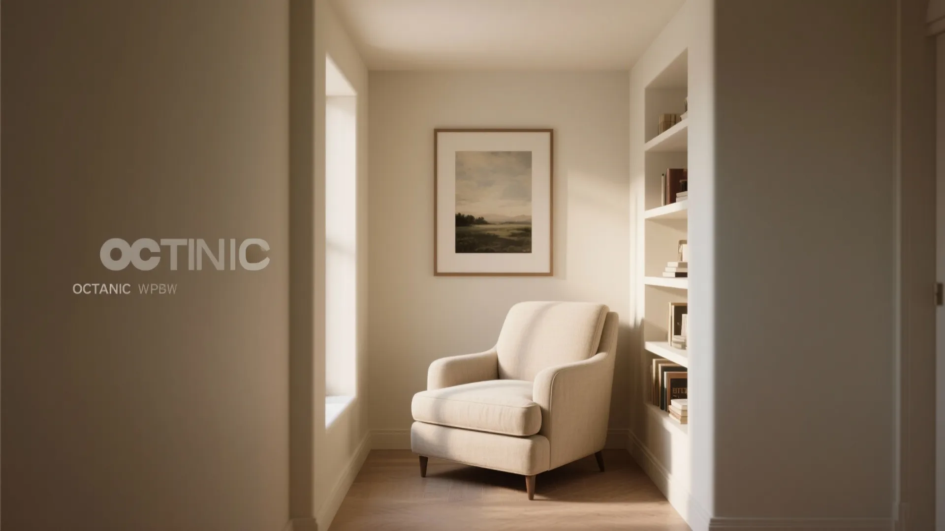 Cozy reading corner with cream sofa chair white bookshelf wall art and warm natural light