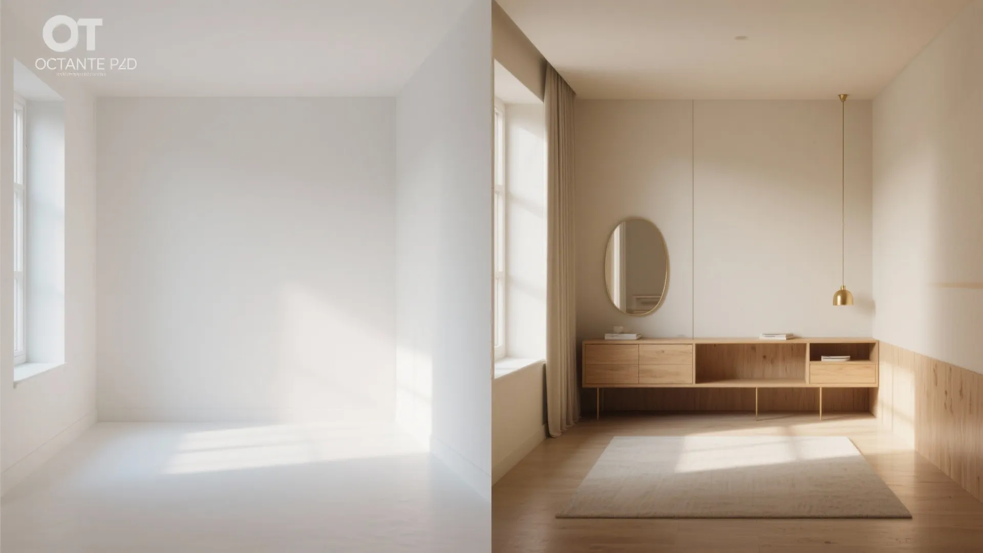 Before and after comparison of an empty white room and a furnished modern wooden living room