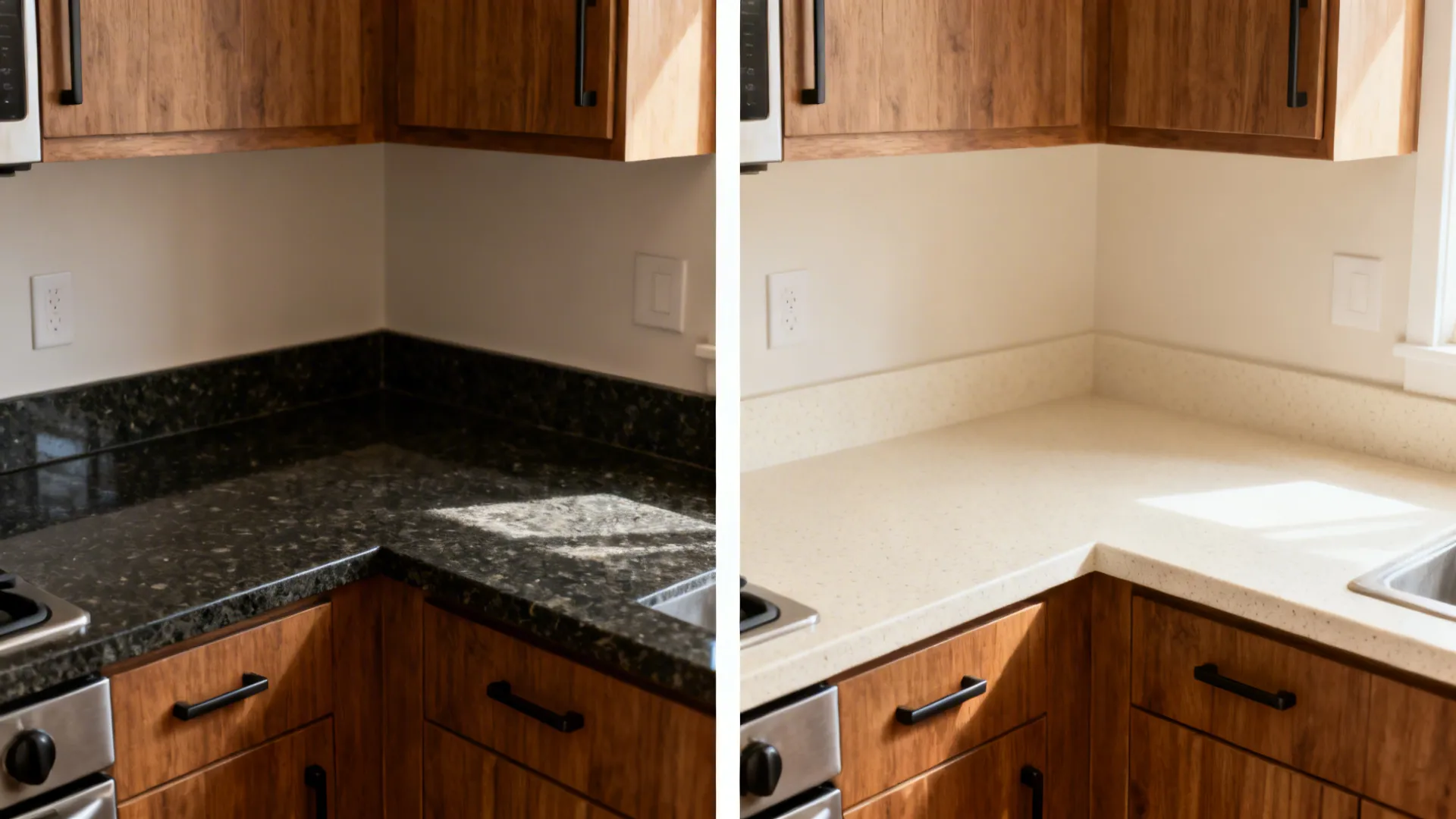 U-shaped kitchen comparison showing dark counter before and ivory quartz after for a brighter look.