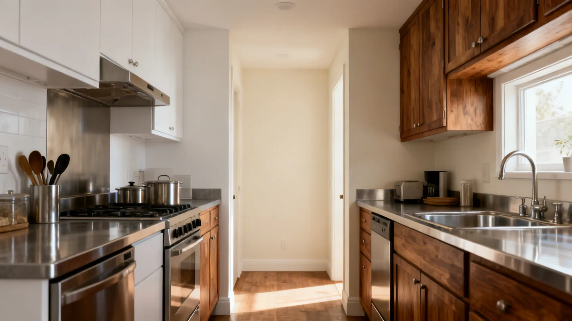 Before-and-after showing cool white walls versus ivory off-white in the same small kitchen.