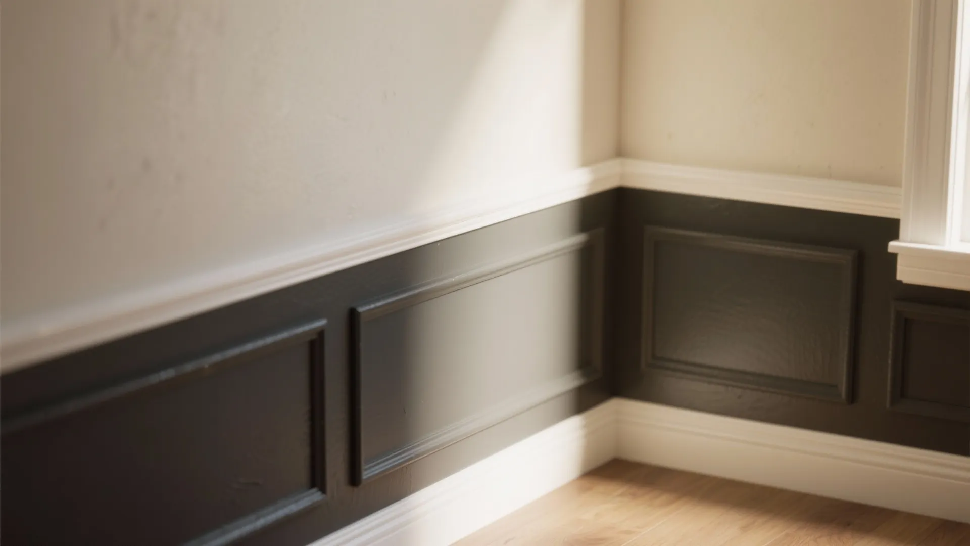 Close up view of dark green wall panel with white trim and light brown wooden floor