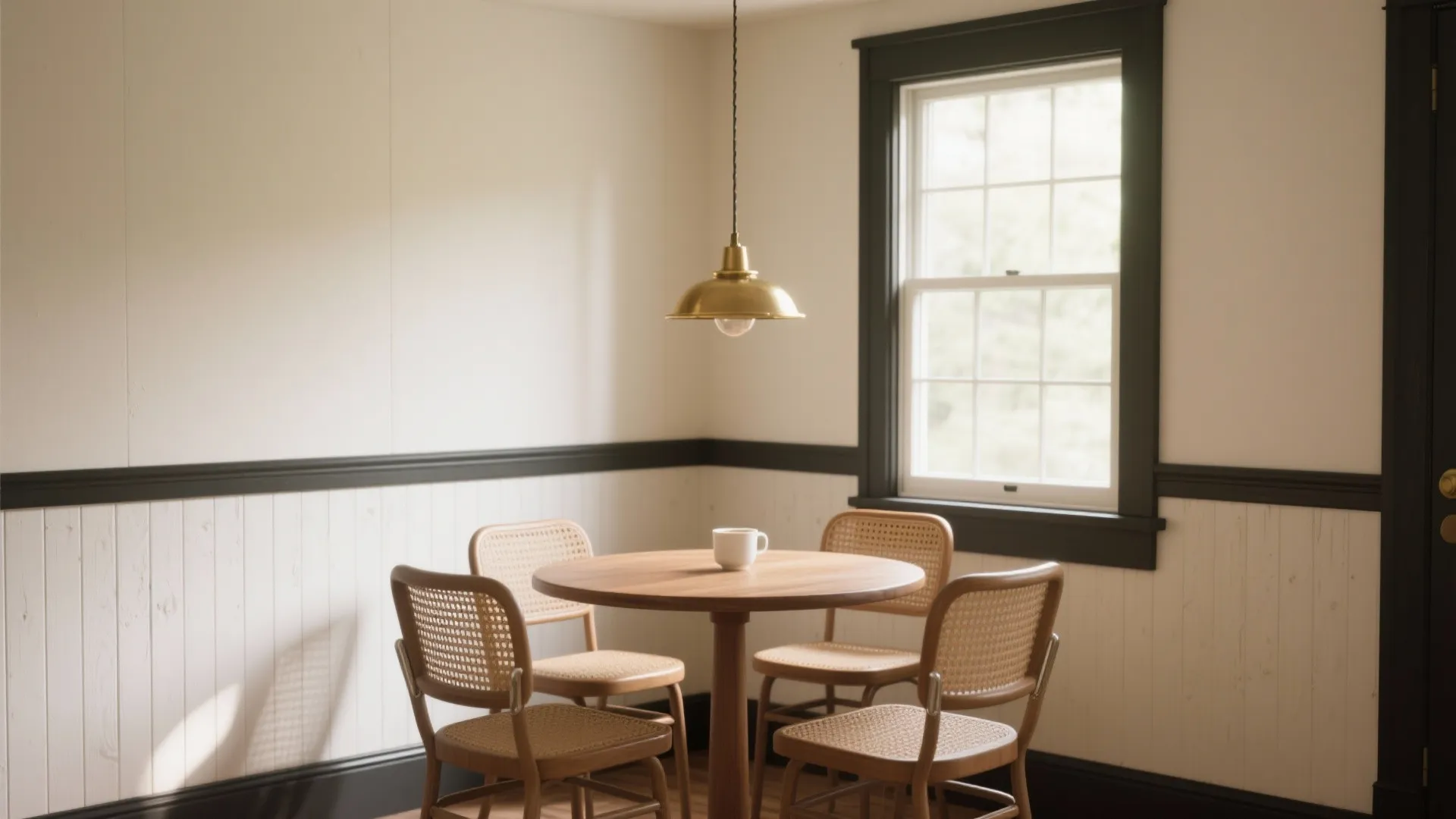 Cozy dining area with wooden table four chairs gold ceiling light and white wall panel design