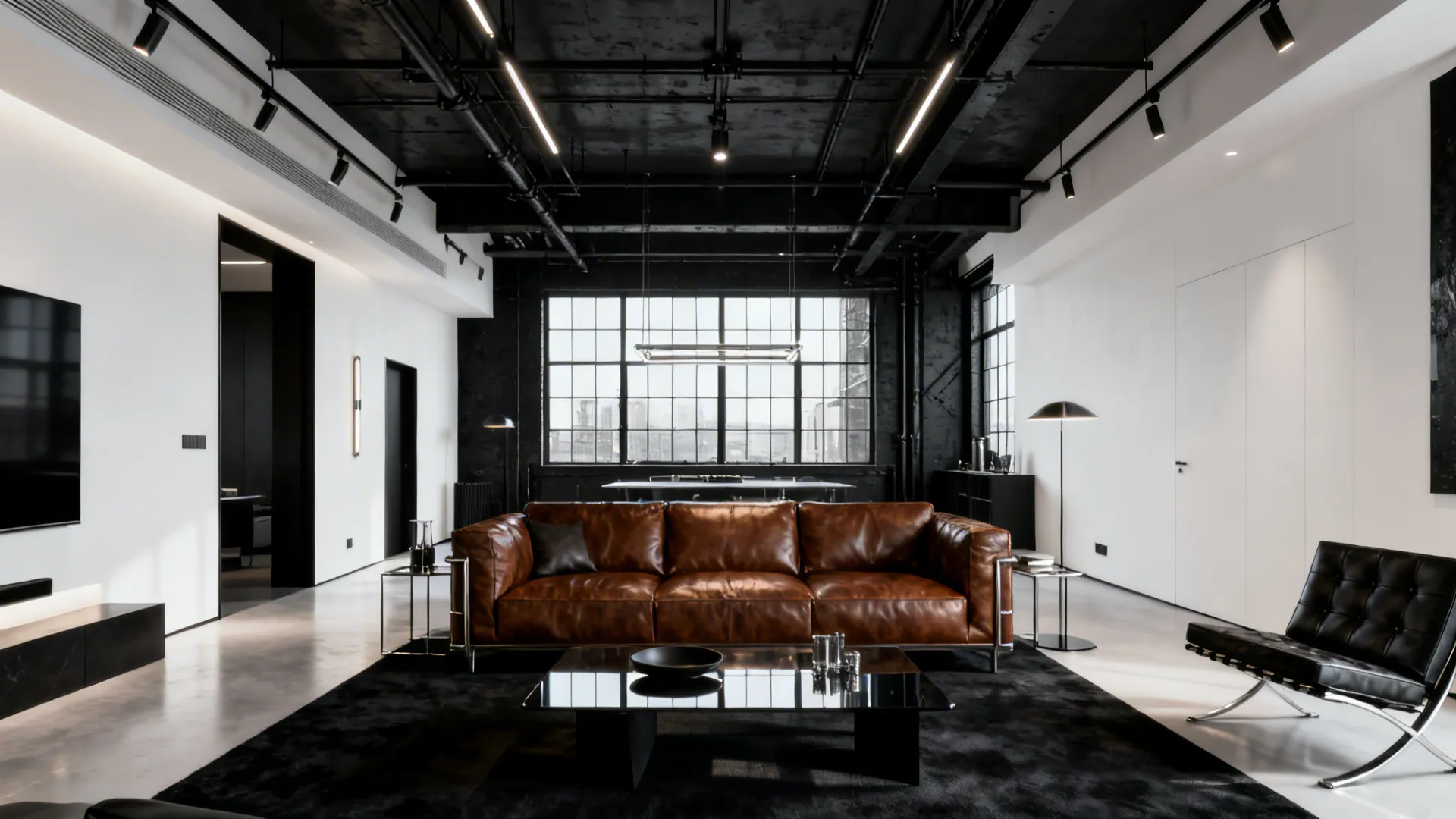 Modern loft with ivory walls, charcoal accents and a brown leather sofa focal point.