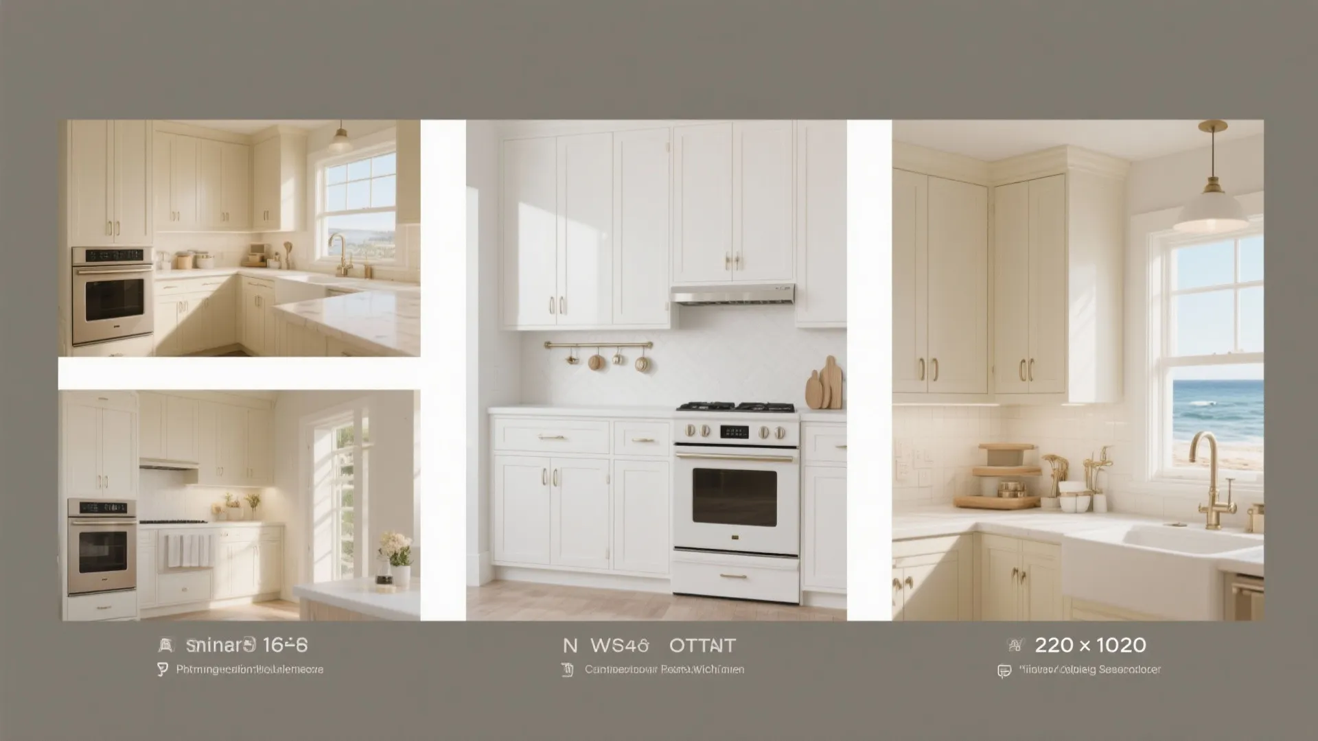 Collage of white kitchen designs featuring cabinets, stove, sink, window views, and light wooden floors