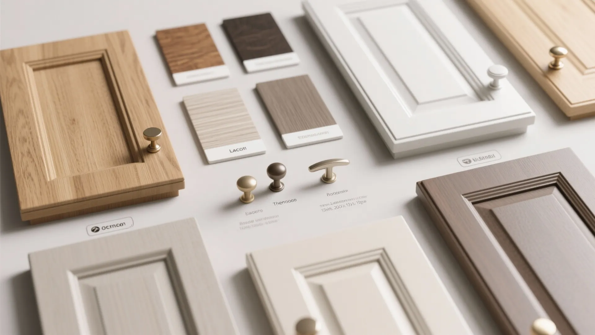 Various cabinet door samples in wood white and grey with different styles of metal door handles