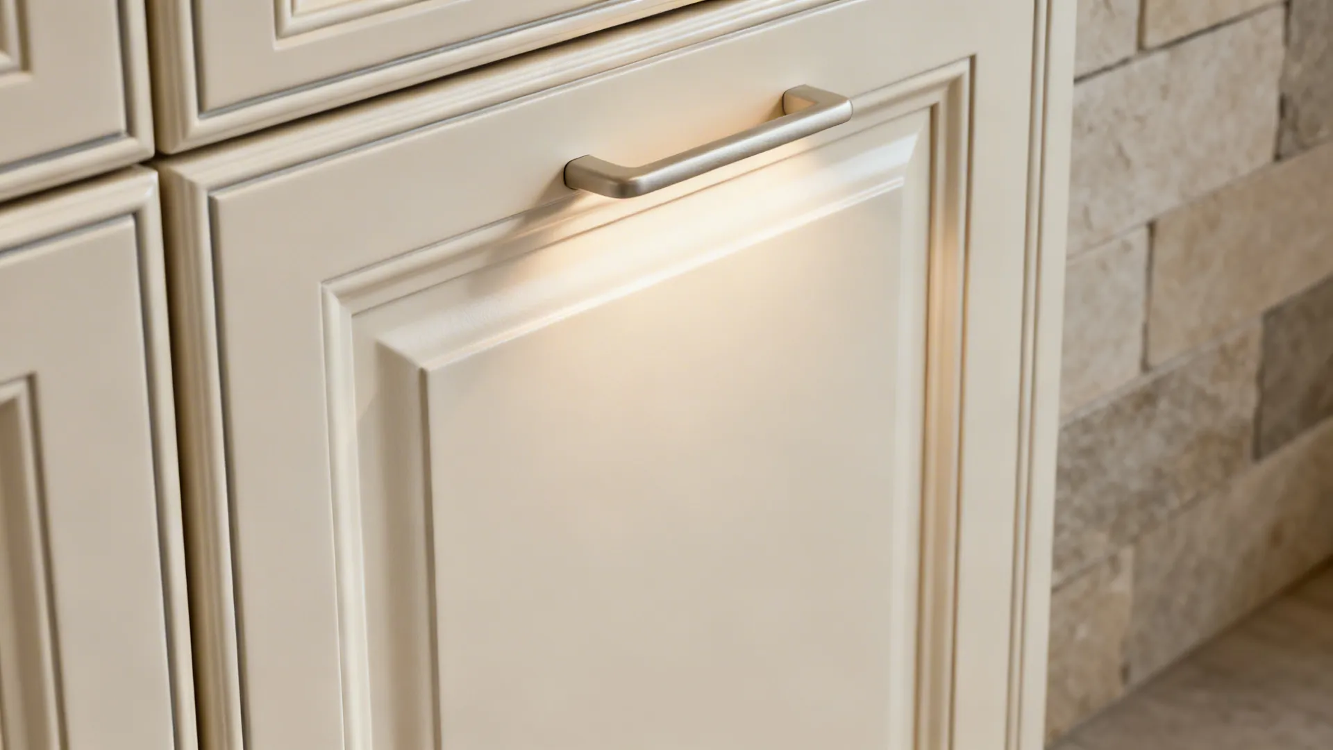 Macro view of matte ivory cabinet with micro-shaker edge and integrated pull.