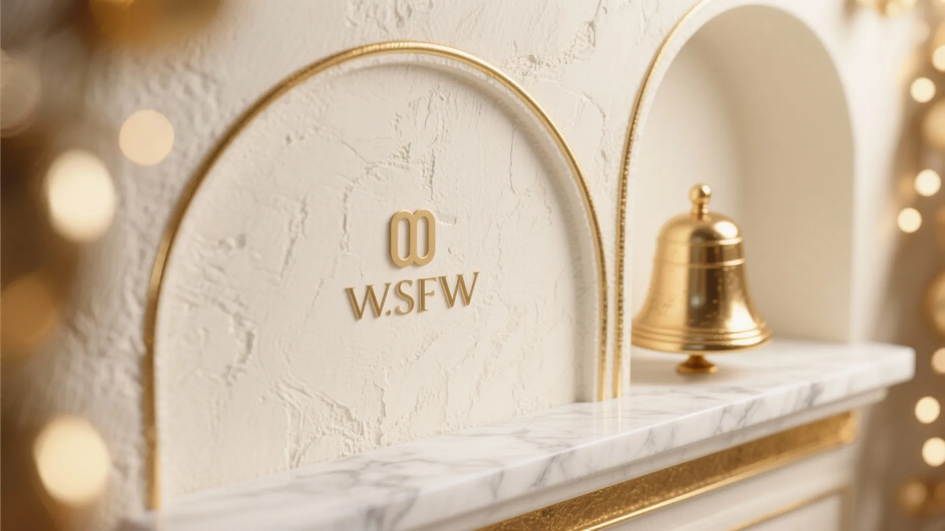 Close up of gold wall letters and bell on white marble shelf with textured background