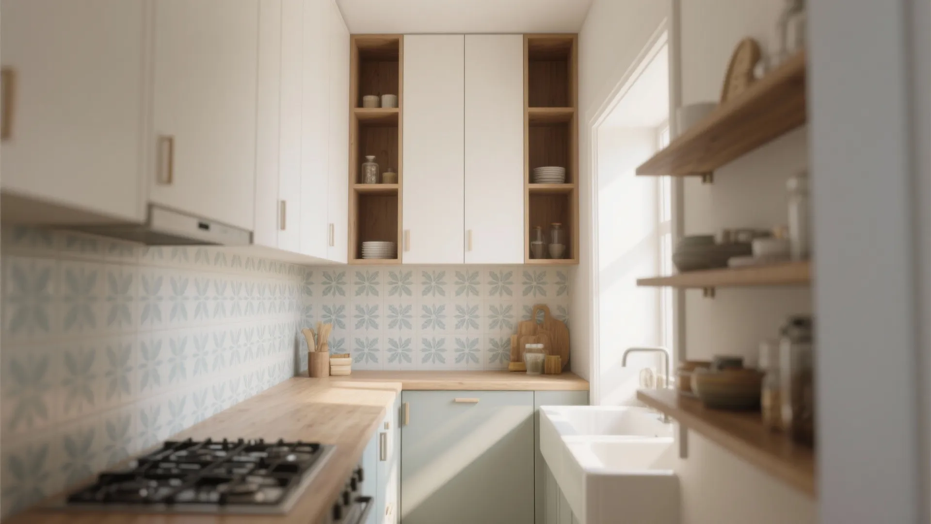 Narrow kitchen with white cabinets, wood countertops, blue patterned tiles, stove, sink, and open shelves