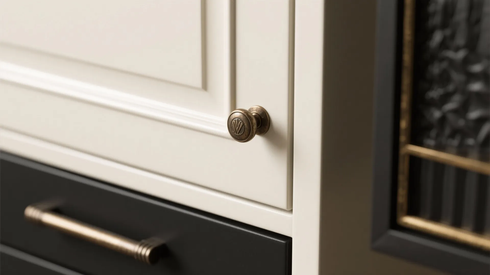 Close up view of vintage bronze handle and round knob on white and black kitchen cabinets