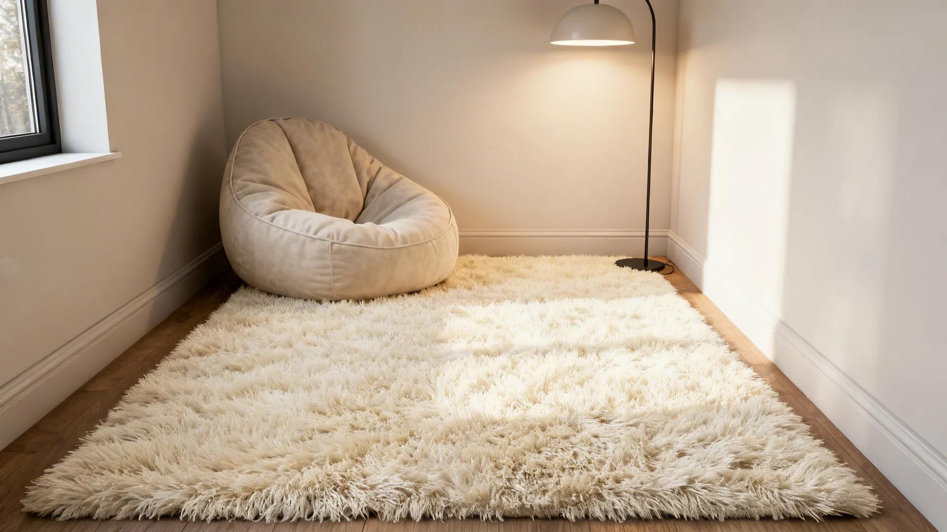Studio apartment corner with a soft ivory high-pile rug forming a cozy relaxation area.
