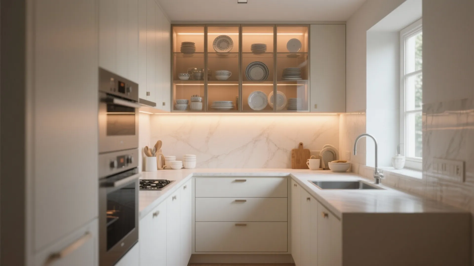 Modern white kitchen featuring warm cabinet lights, marble wall panel, glass cupboards, and silver sink