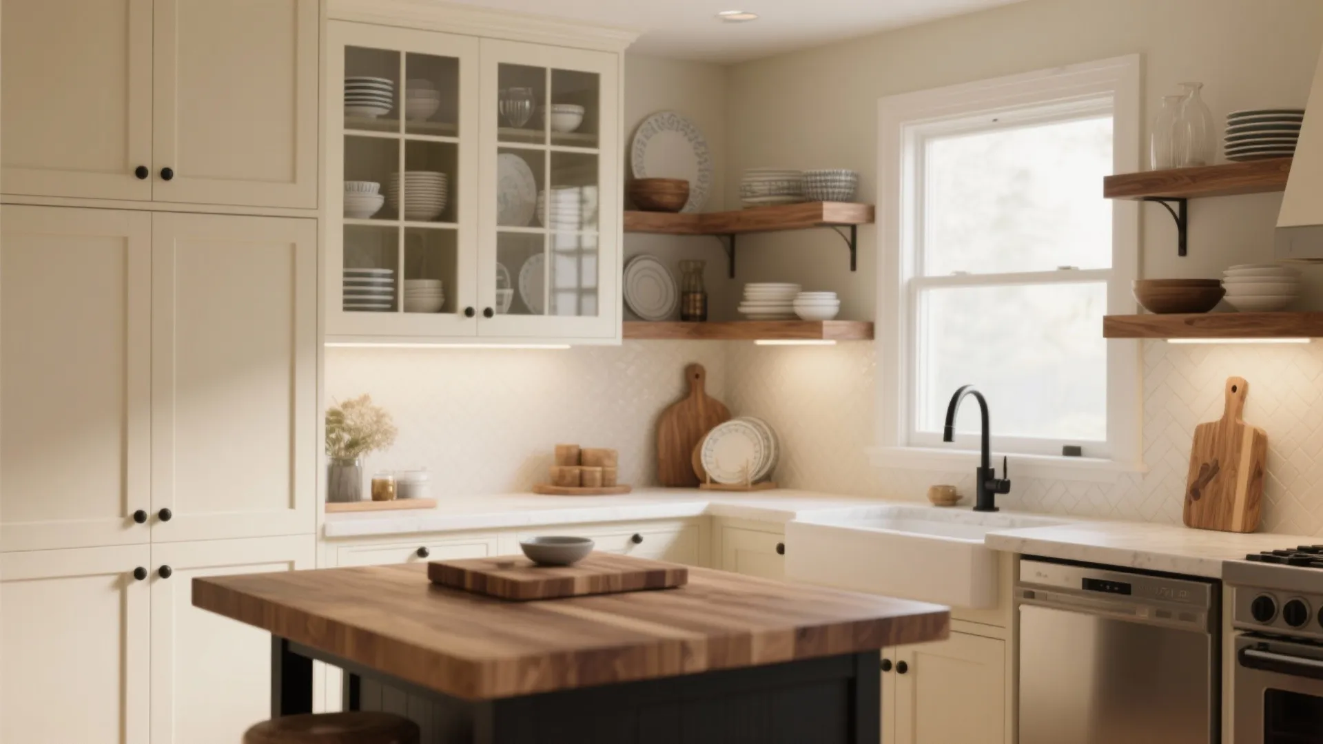 Cream kitchen with wood island wooden shelves white sink black faucet and bright glass front cabinet