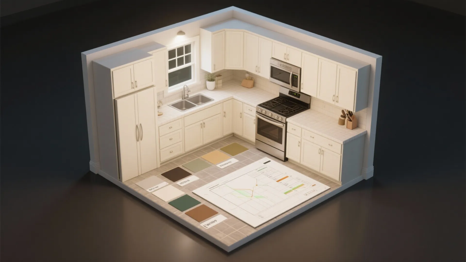 Interior design drawing showing white kitchen layout with cabinets, appliances, and floor plan layout documents