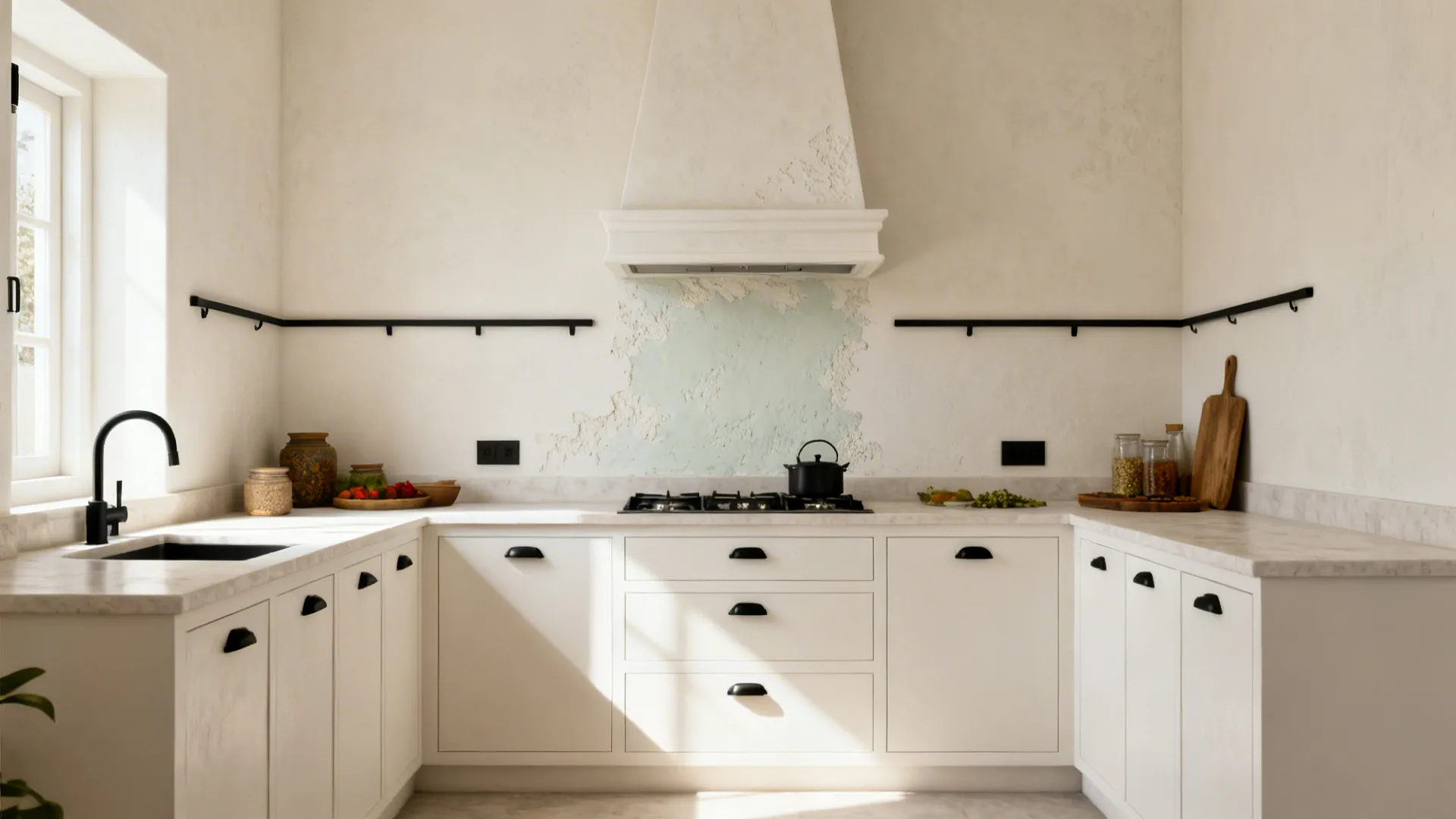 Ivory kitchen with a subtle limewash accent wall and slim black fixtures.