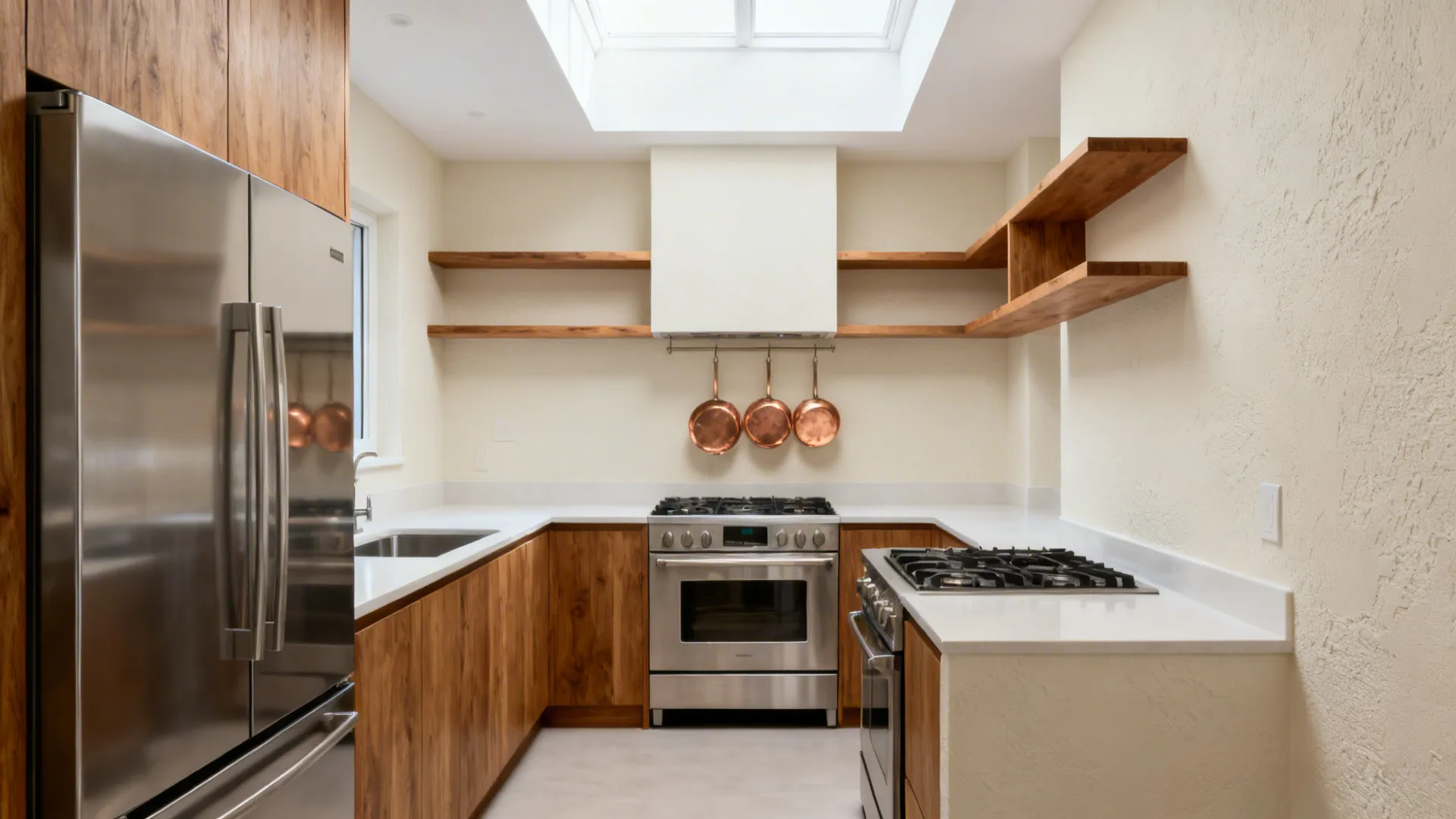 Compact kitchen with ivory walls, bright white ceiling, and warm wood accents.