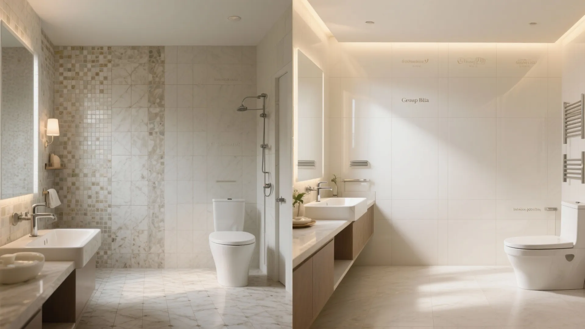 Modern bathroom interior design showing a white toilet sink cabinet and cream tiles with natural light