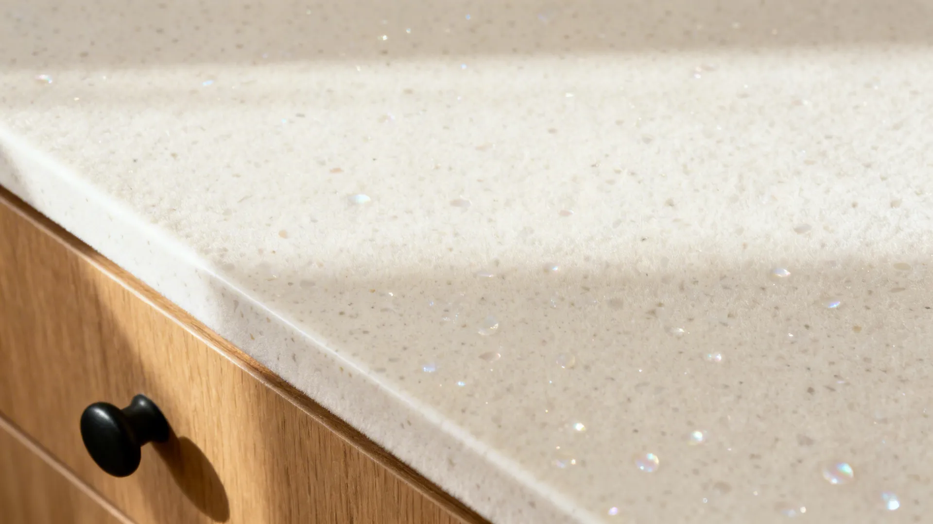 Macro of ivory quartz with subtle pearlescent flecks in a honed finish.