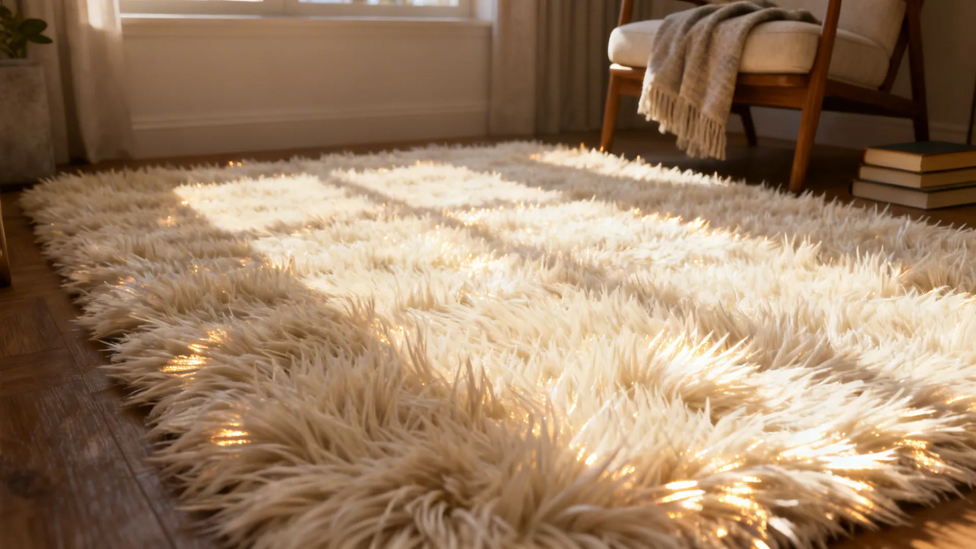 Plush ivory shag rug in a cozy reading nook reflecting warm daylight.
