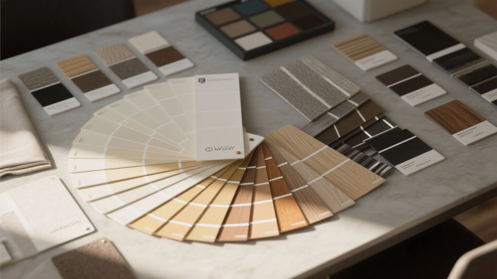 Interior design color palette with wood samples fabric swatches and ivory paint fan on marble