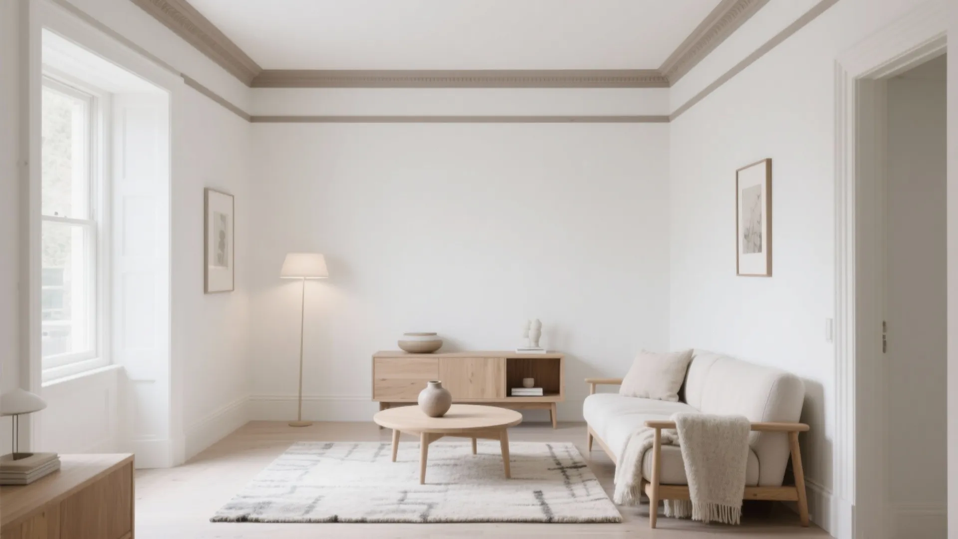 Minimalist living room with white walls wooden cabinet round coffee table and cream colored sofa