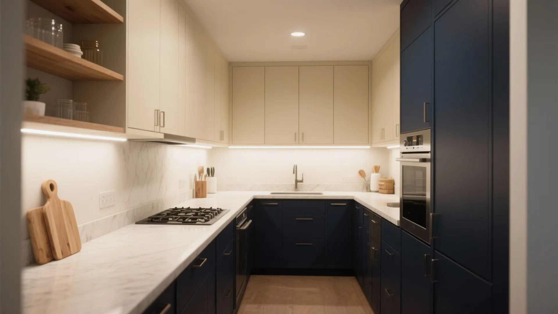 Modern kitchen with navy blue lower cabinets cream upper cabinets marble countertops and built in oven