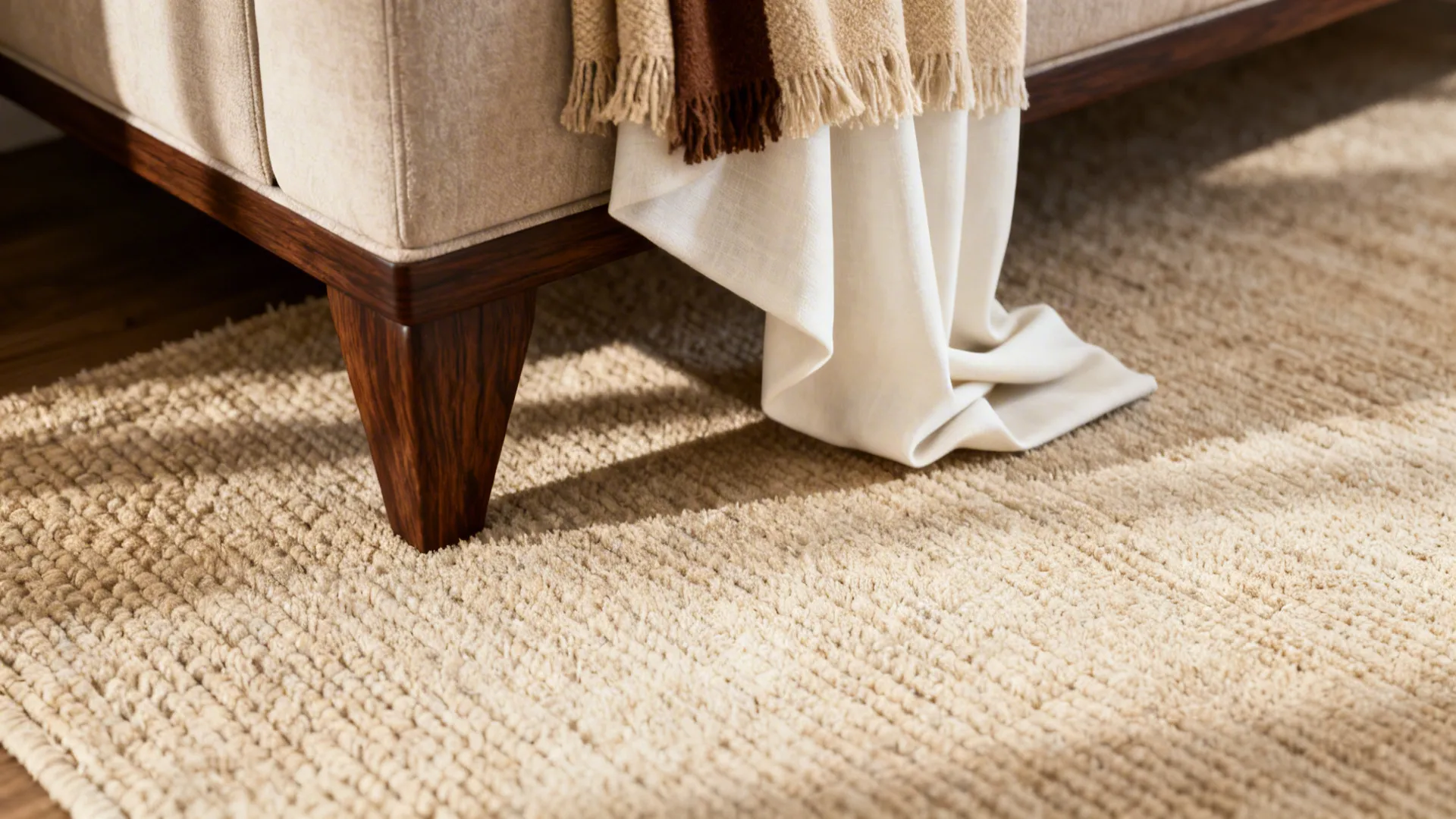 Close-up of textured beige rug, ivory curtains, and dark brown sofa leg showing layered warm textiles.