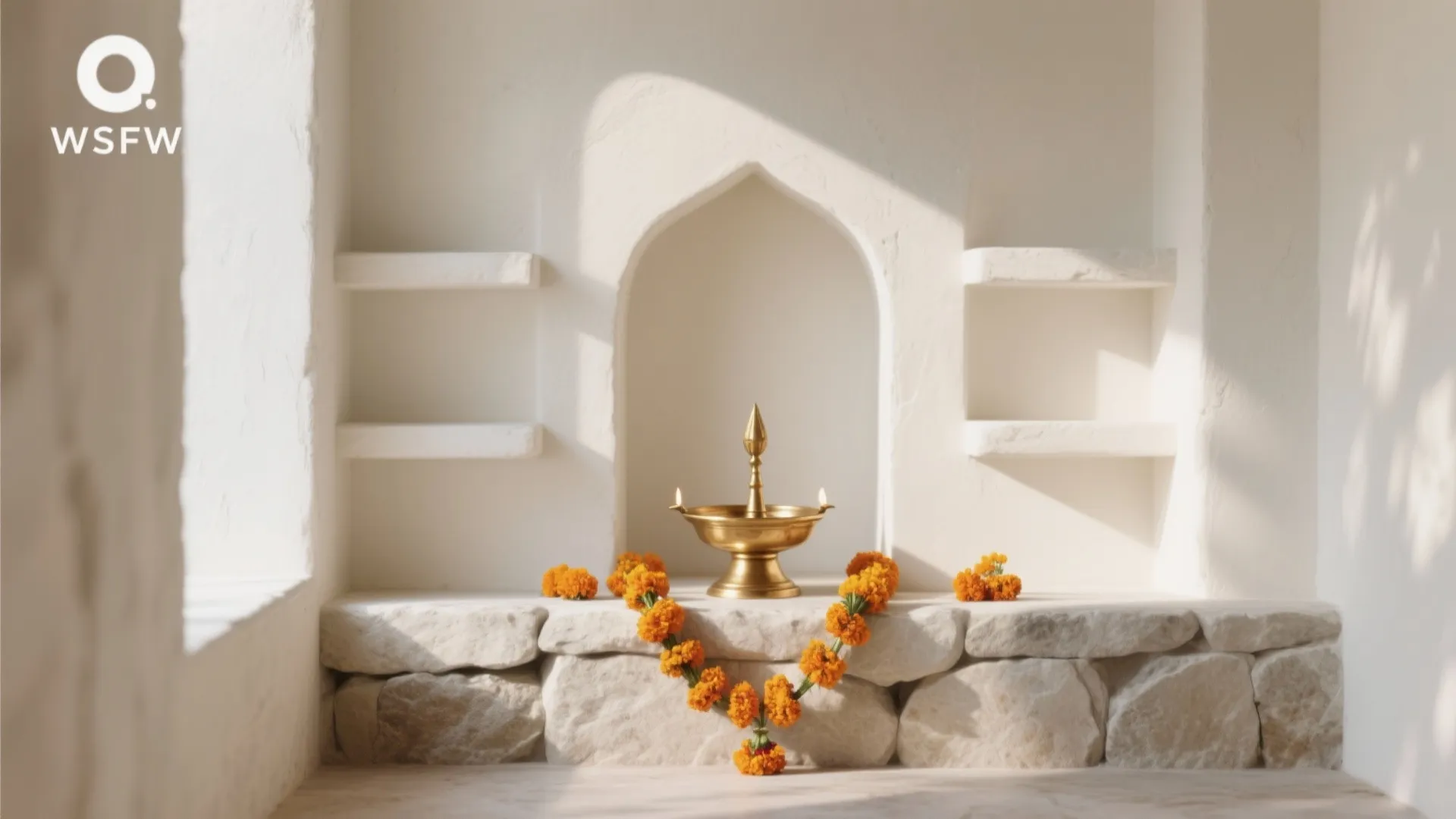 Cream white wall niche with brass oil lamp orange flower garland and soft natural sunlight