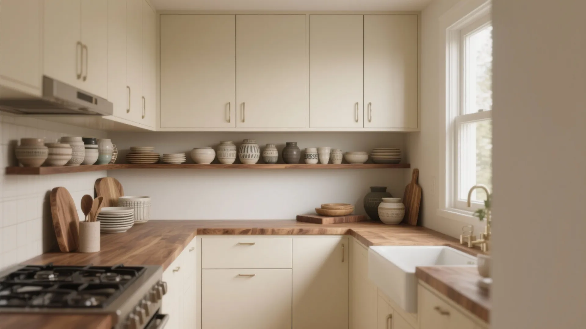 Cream kitchen cabinets with wooden countertops wooden shelves white sink and various ceramic bowls and plates