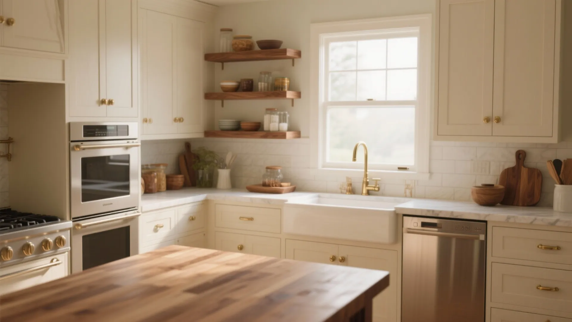 Modern cream kitchen with white sink gold faucet wood shelves stainless steel appliances and island