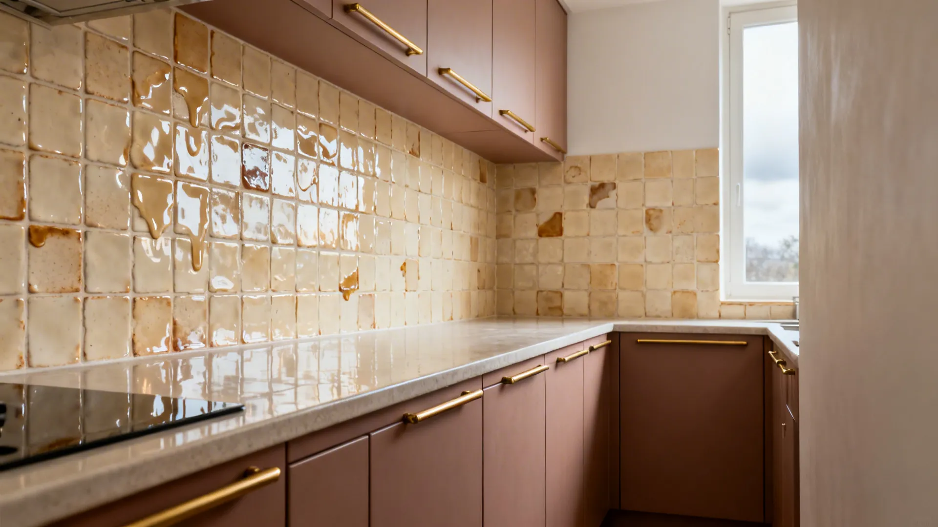 Ivory glossy zellige backsplash with slab-front cabinets and brass rail.
