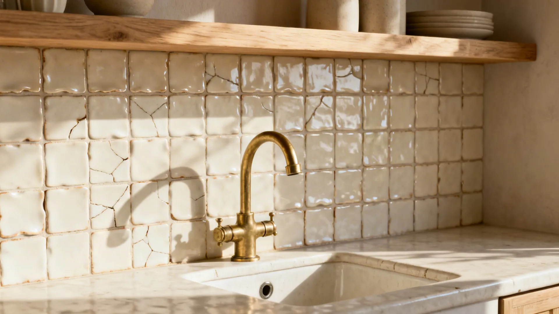 Ivory Zellige-style tile backsplash with handmade texture and soft glaze variation behind a brass faucet.