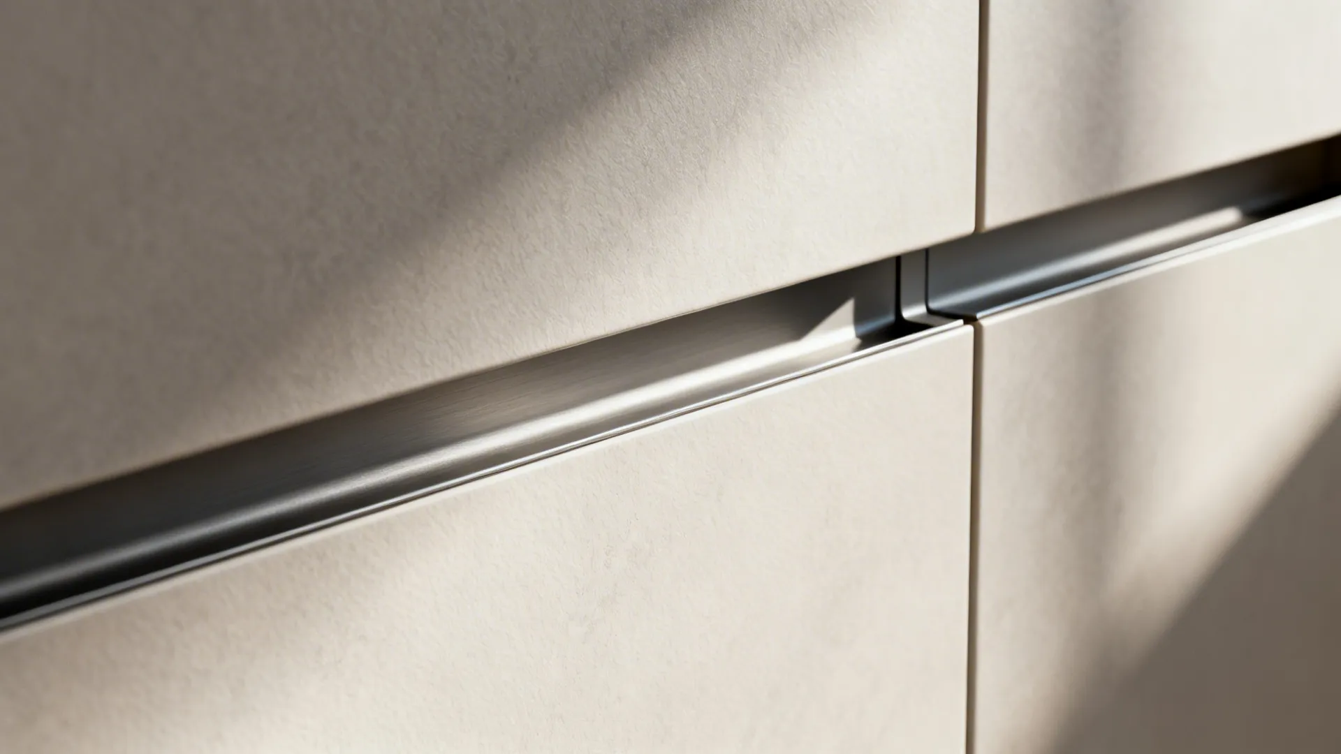Close-up of a matte cabinet front with a sleek J-channel rail grip.