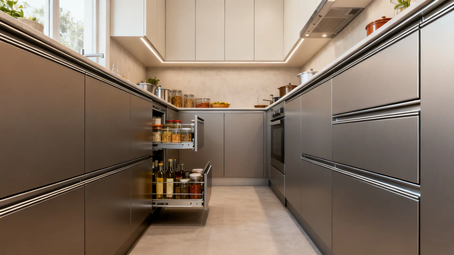 Modern grey kitchen cabinets with open storage drawer showing many bottles and glass spice jars