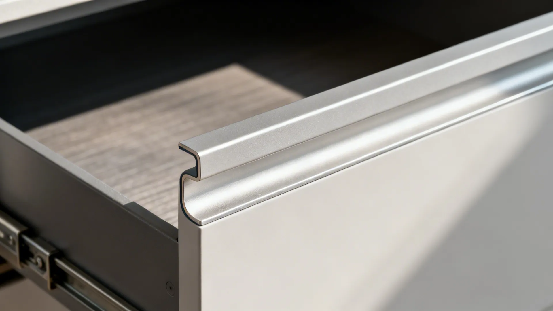 Close up of a modern silver kitchen cabinet drawer handle with a sleek and simple design