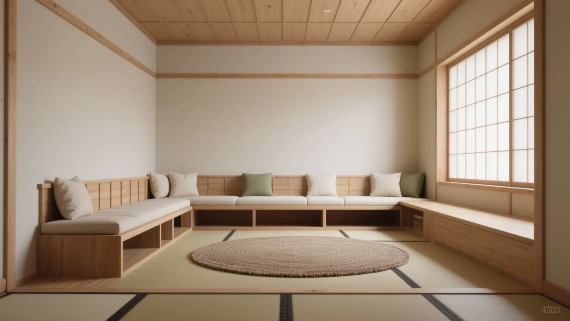 Minimalist room with wooden ceiling floor mats low bench seating green cushions and round rug