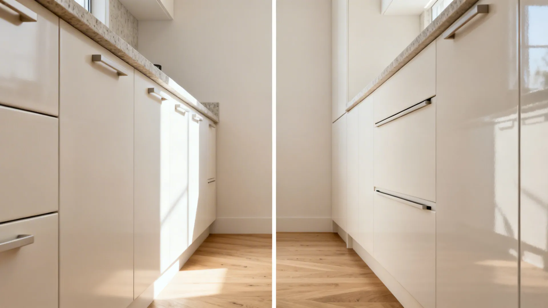 Split view comparing protruding handles versus handleless J-pull in a narrow galley.