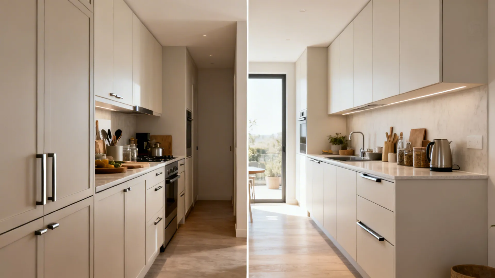 Before-and-after view showing handles replaced by J-pull fronts for a cleaner galley kitchen.