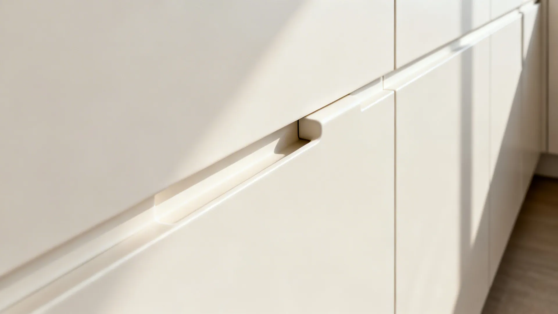 Macro of a J-pull integrated finger pull showing a clean shadow-reveal edge.