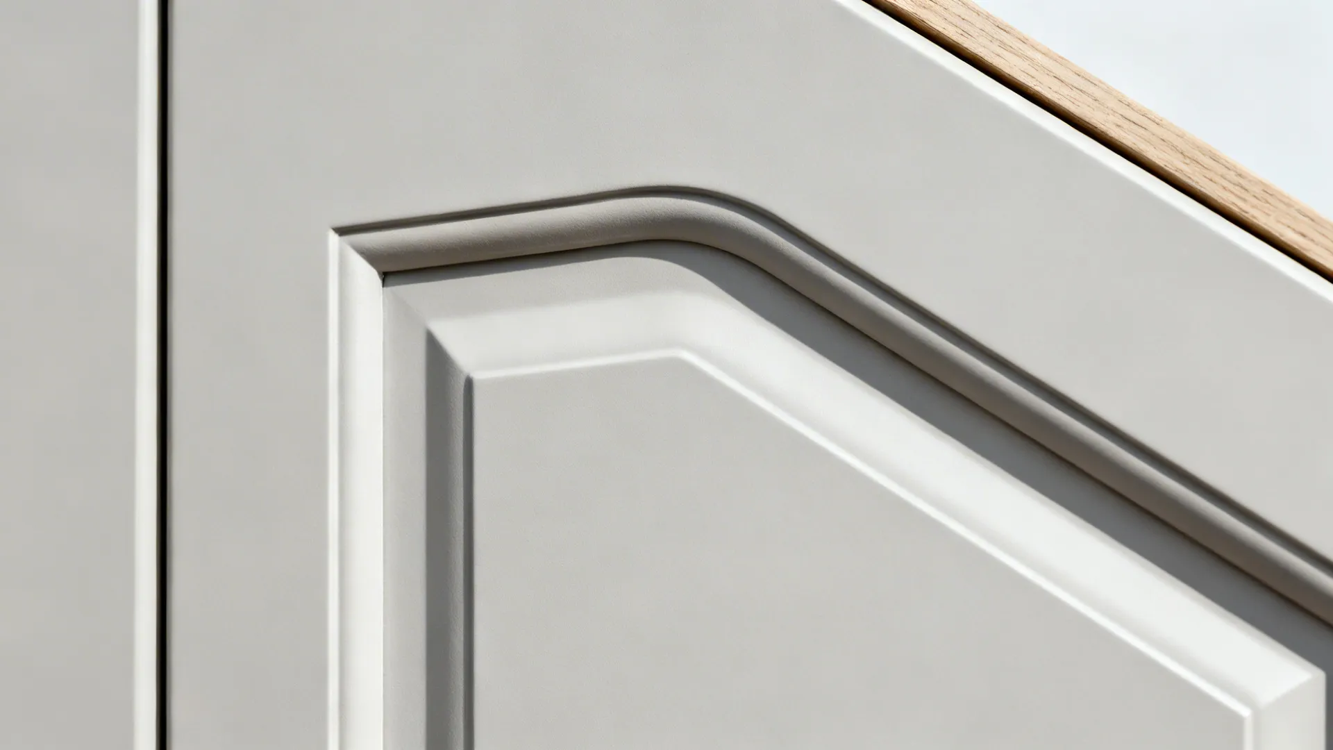 Macro view of a matte J-pull cabinet edge with smooth radius and tight reveal.
