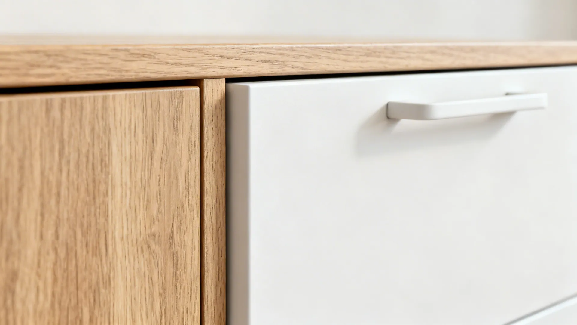 Macro of a J-pull handle on matte white meeting light oak drawer with precise 18mm edge.