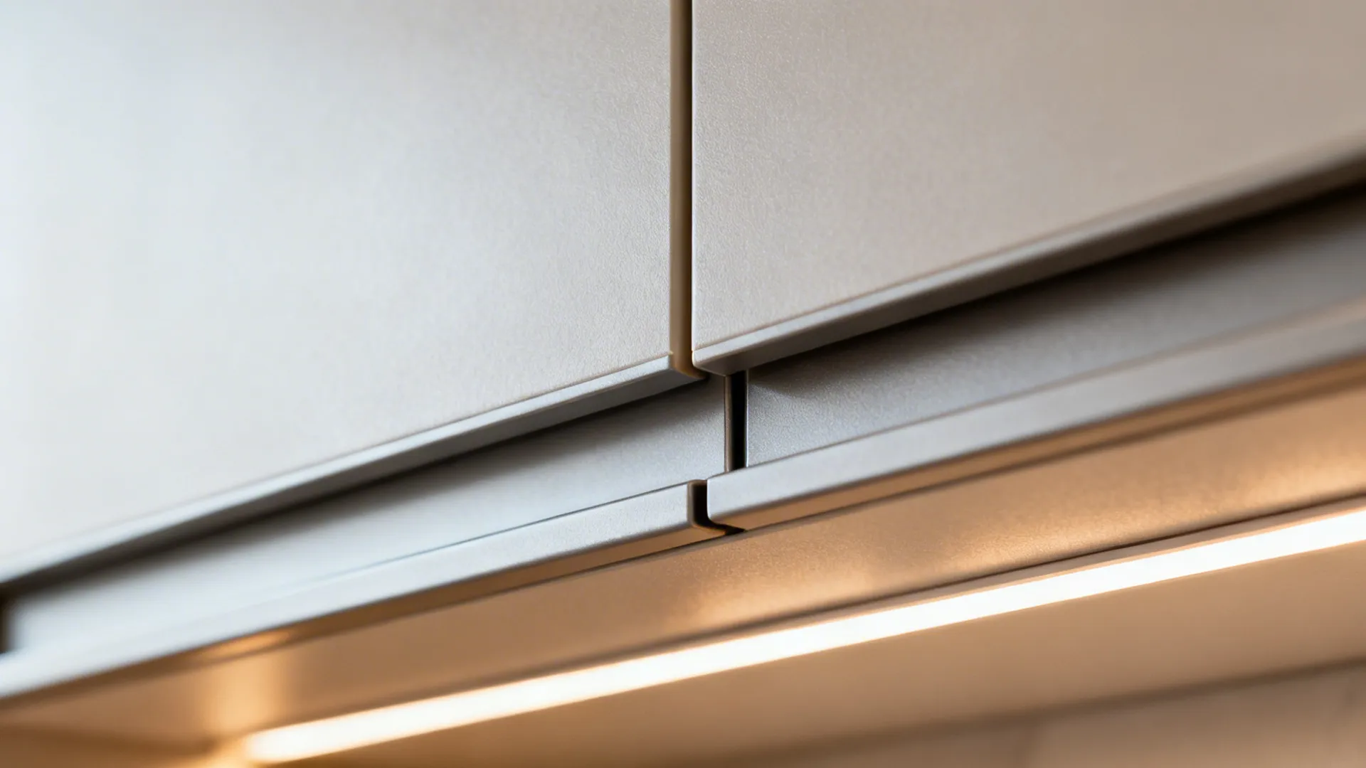 Macro of matte PET film J-pull cabinet groove with subtle LED reflection.