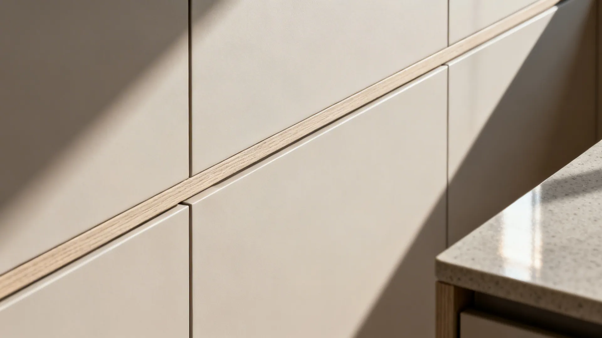 Macro view of matte J-pull handleless door with fine laminate texture.