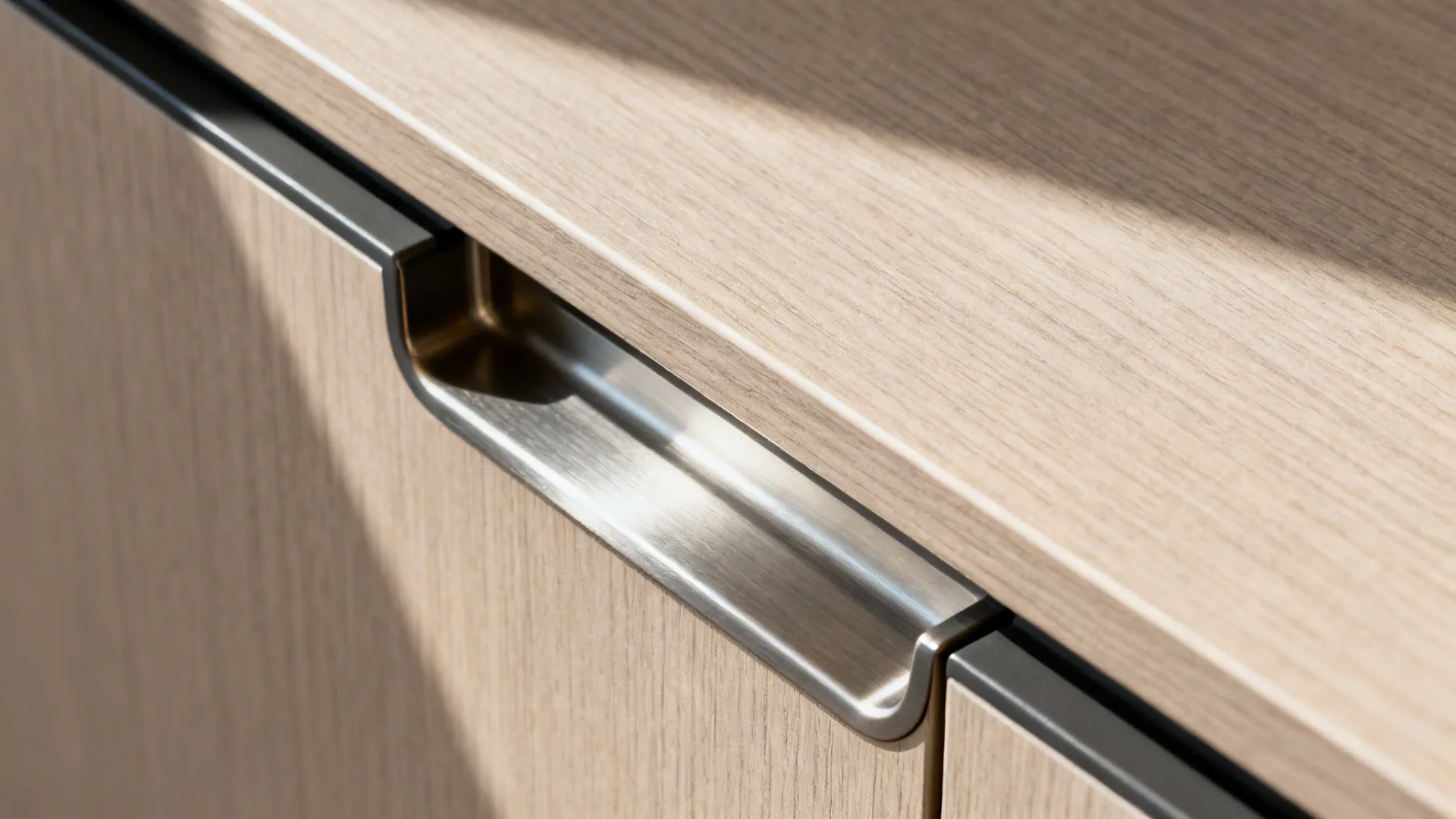 Macro detail of a matte flat-panel cabinet door with an integrated J-pull channel.