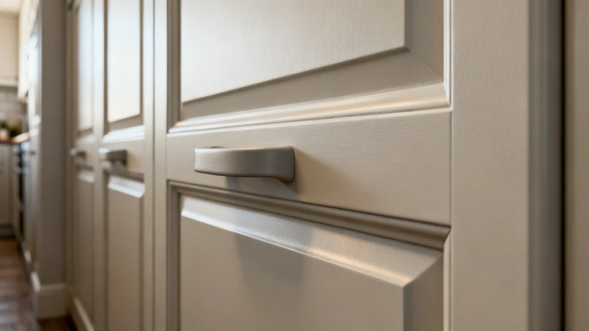 Macro view of a matte J-pull cabinet door showing the curved finger groove and clean edges.