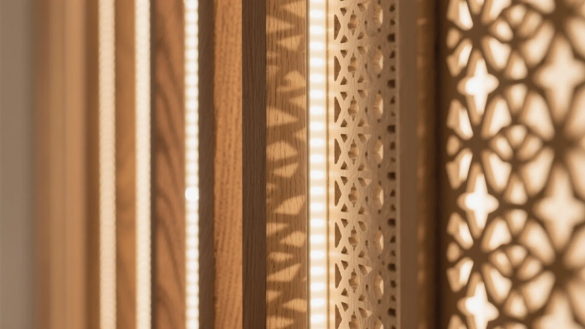 Close-up of wood slats and evenly backlit jaali showing clean perforations and grain.