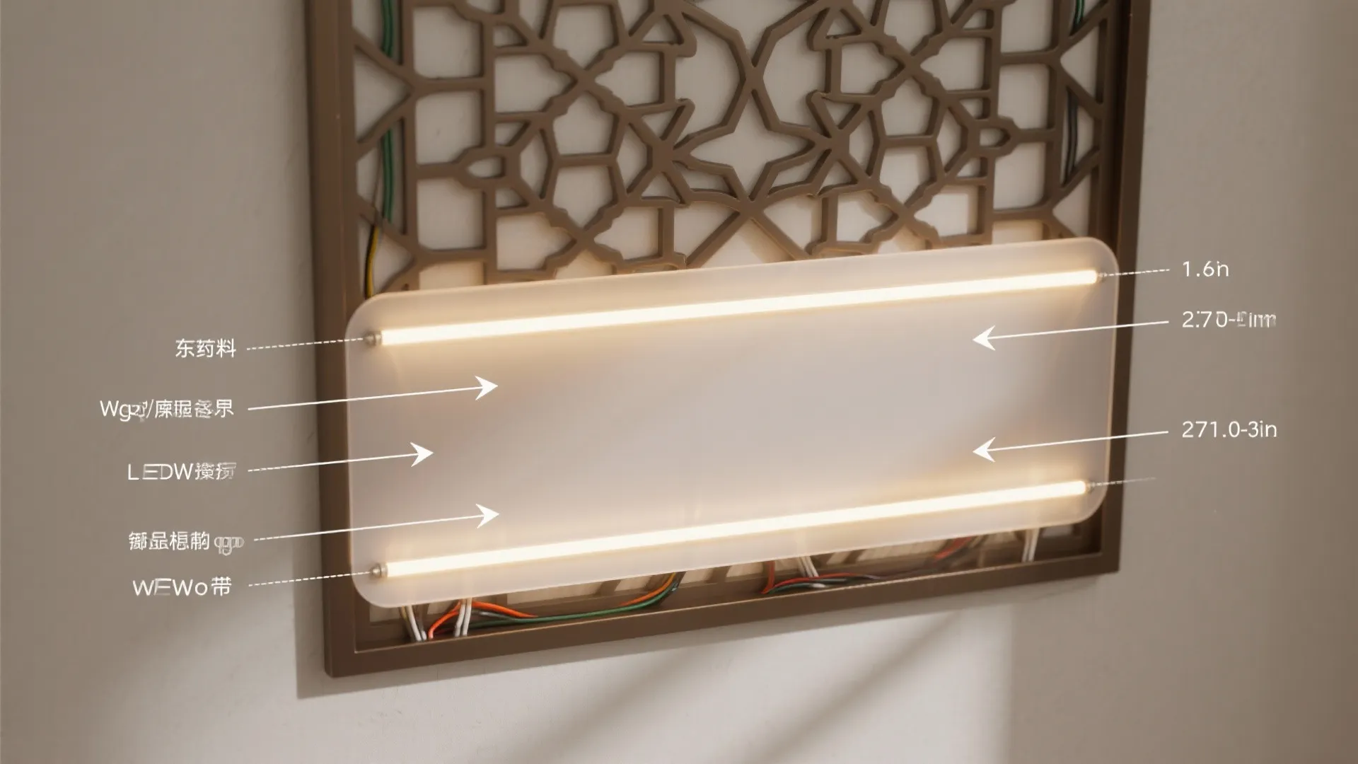 Close up of wall light fixture with decorative wood pattern and technical measurement labels for installation