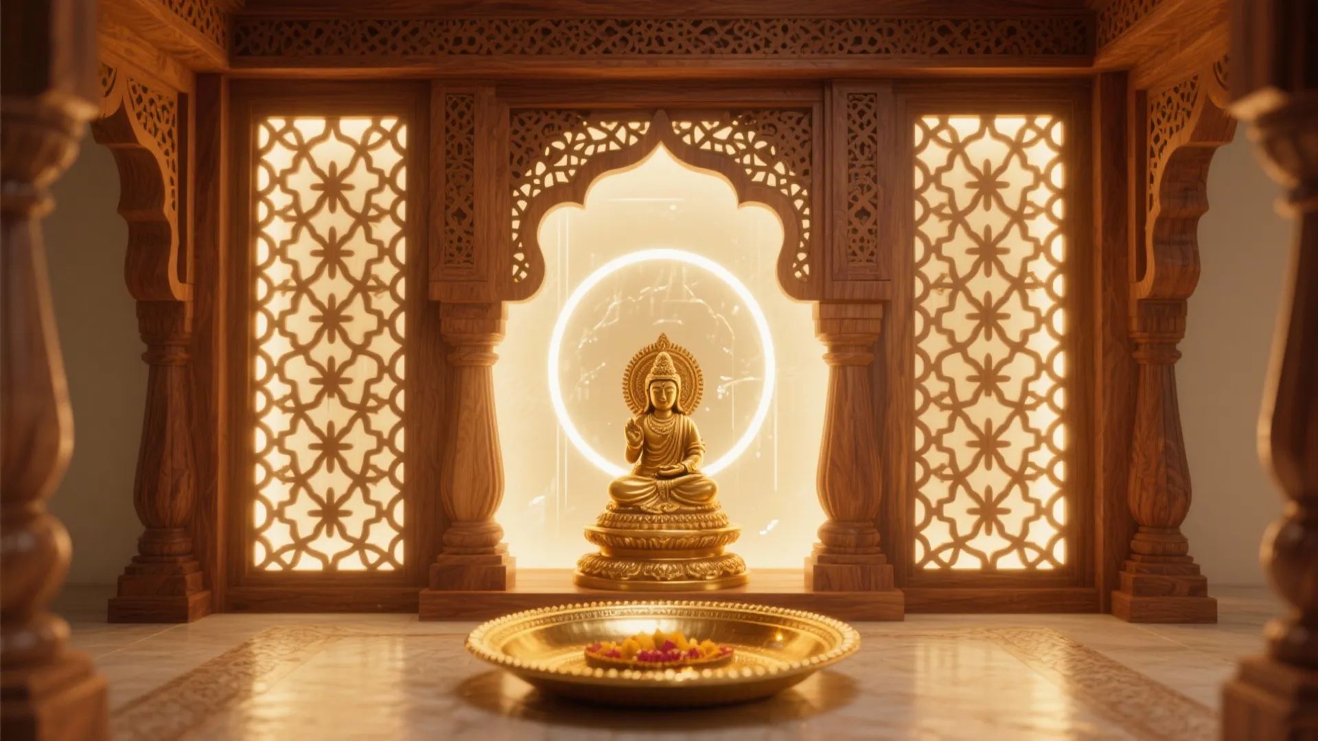 Golden buddha statue in prayer room with wood wall panels and warm glowing circle light