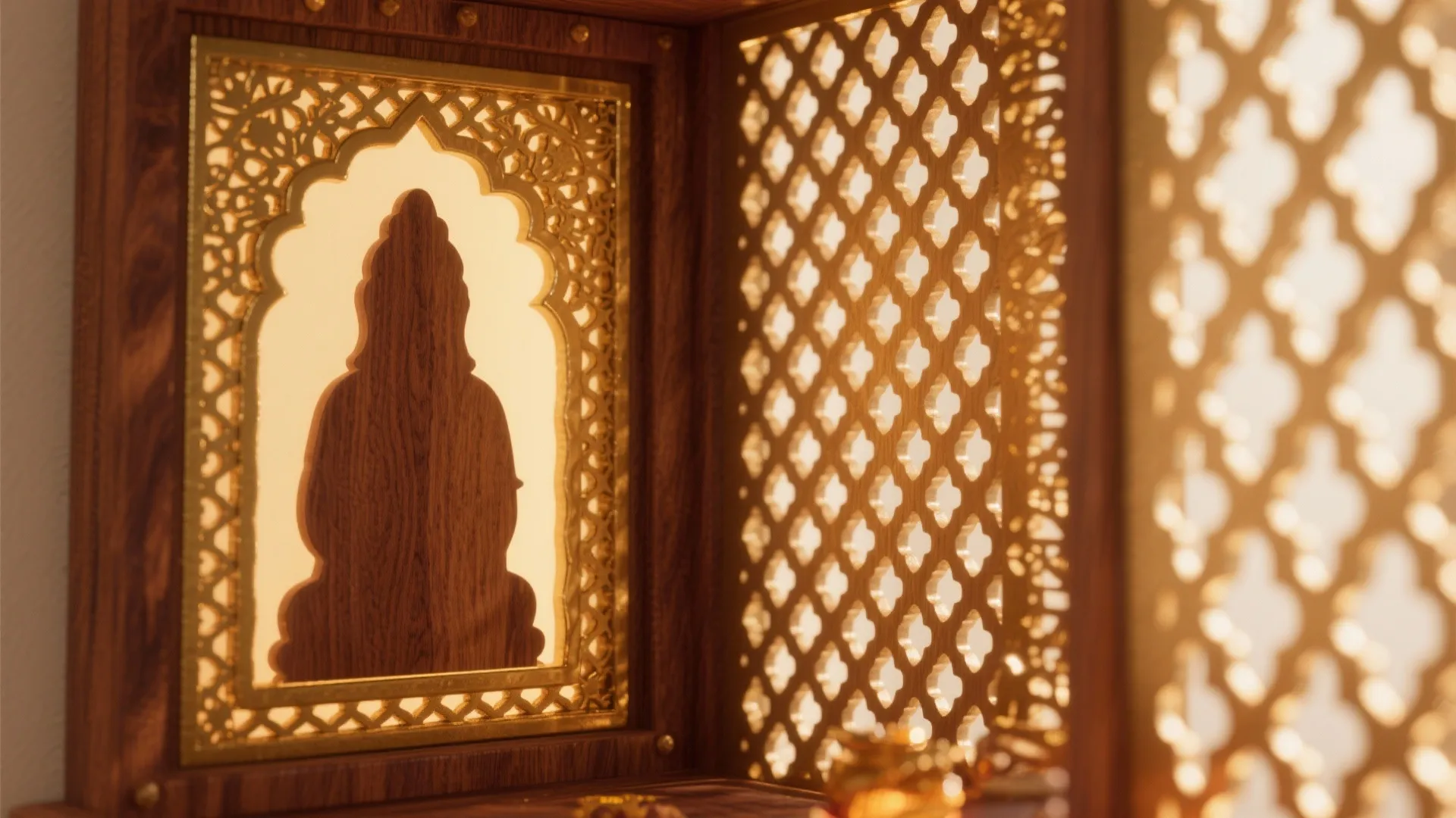 Detailed close view of wooden wall panel with cut patterns and backlit decorative religious cutout