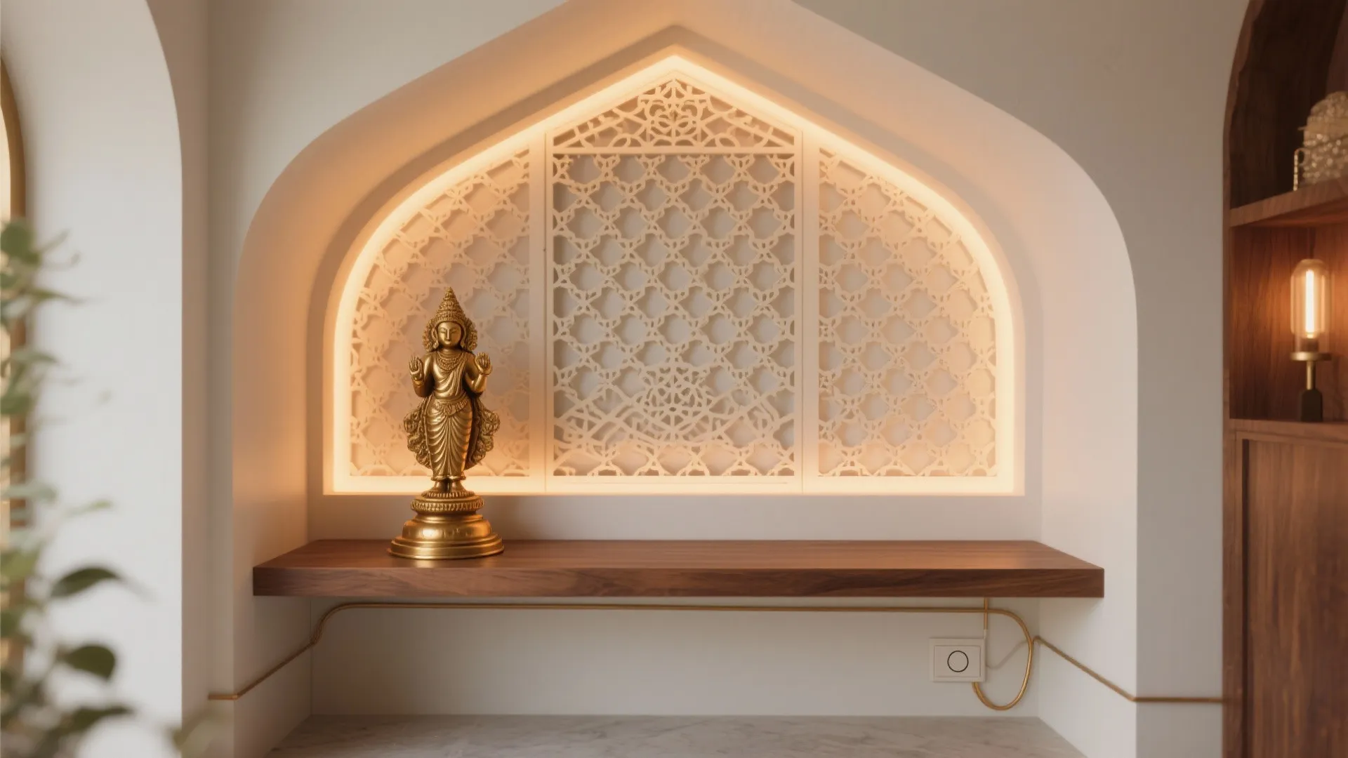 Golden statue placed on a dark wood shelf with backlit patterned wall panel and soft lighting